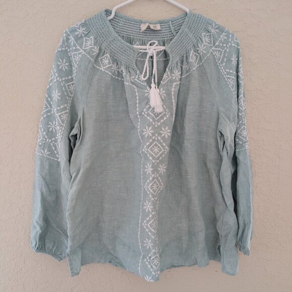 Joie 100% Linen Long Sleeved Blouse Fringe Tie Embroidered Size M Boho - Picture 2 of 7